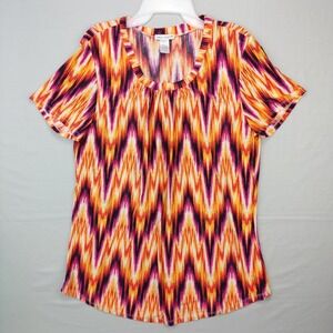 Emily Stacy Top Women 1X Orange Ikat Chevron Pleated Scoop Neck Short Sleeve Top